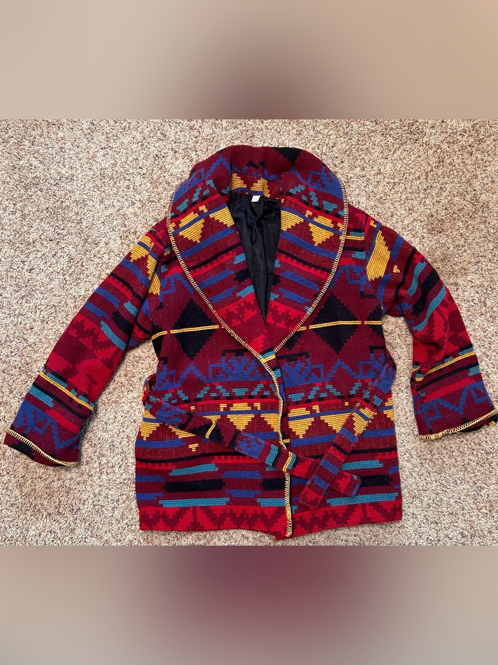 Vintage 80s 90s Southwestern Wool Blanket Coat Aztec Tribal Wrap Jacket Size 6
